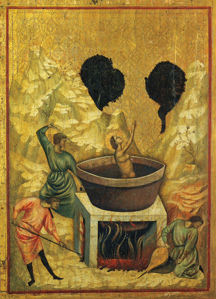 Santa Cecília em banho de água a ferver, detalhe do retábulo mostrando Histórias de Santa Cecília, ca. 1304, o Mestre de Santa Cecília (activo no início do século XIV), tempera em painel e folha de ouro estampada, 85x181 cm de Master of Saint Cecilia