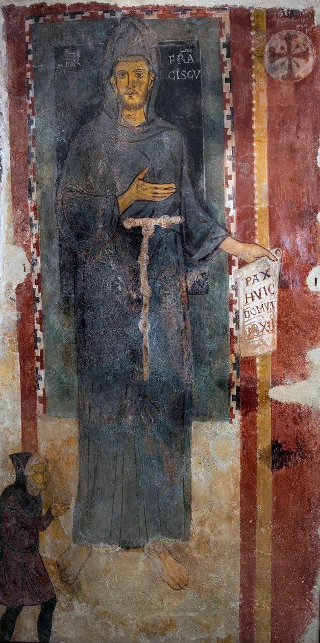 Representação de São François de Assis (1181-1226) Esta é certamente a primeira representação do santo executada em vida, representando sem estigma e sem auréola. Ele tem um papel ou está escrito em latim "Pax huic Domui" (Paz de Master of Saint Francis of Assisi
