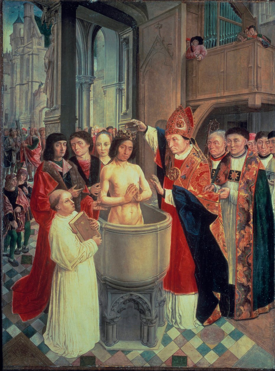 O batismo de Clóvis I, em Reims, por São Remi, em 25/12/496 (ou 499), c. 1490-1510 (óleo sobre painel) de Master of Saint Giles
