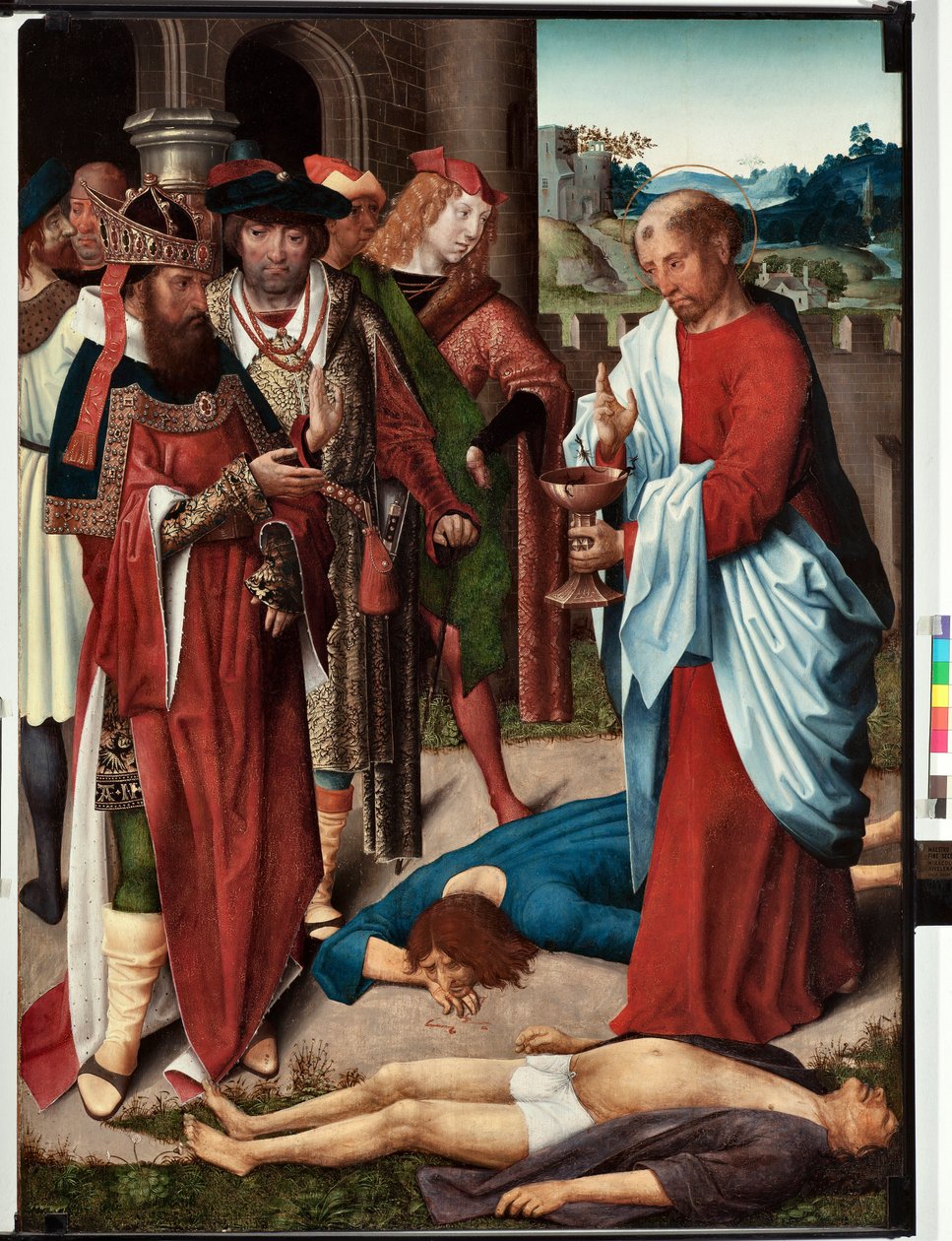 Episódio da vida do evangelista São João: “O milagre da taça de veneno” (Vida de São João evangelista, São João bebe uma taça de veneno) Pintura do mestre de São João evangelista (São João Evangelista) (final do séc. século) Dim 120x90 cm Gen de Master of Saint John Evangelist