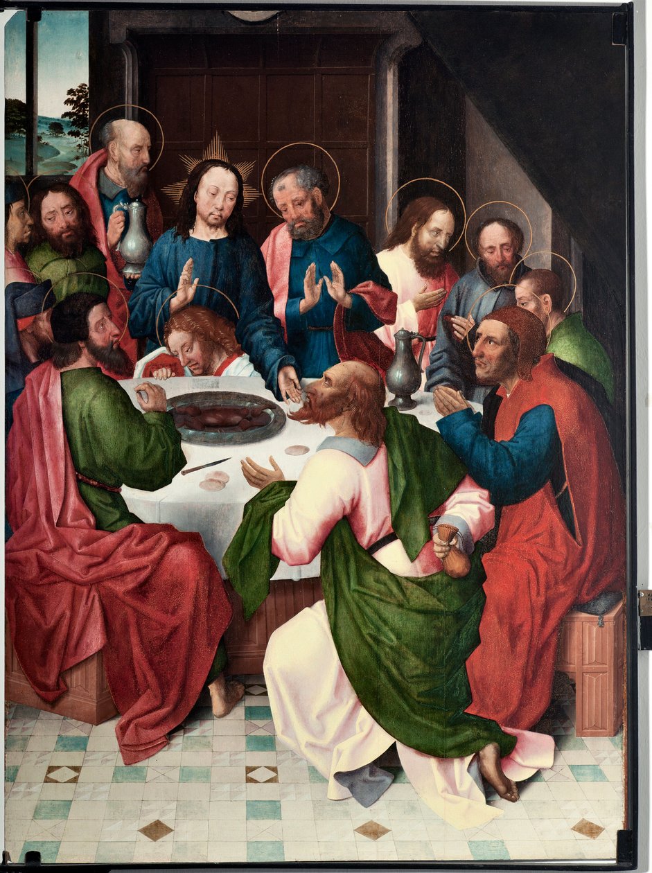 La cene (A última ceia) Pintura do mestre de San Giovanni evangelista (São João Evangelista) (final do século XV) Dim 120x90 cm Genes, Musei di Strada Nuova (ex Palazzo Bianco) inv n PB 156 de Master of Saint John Evangelist