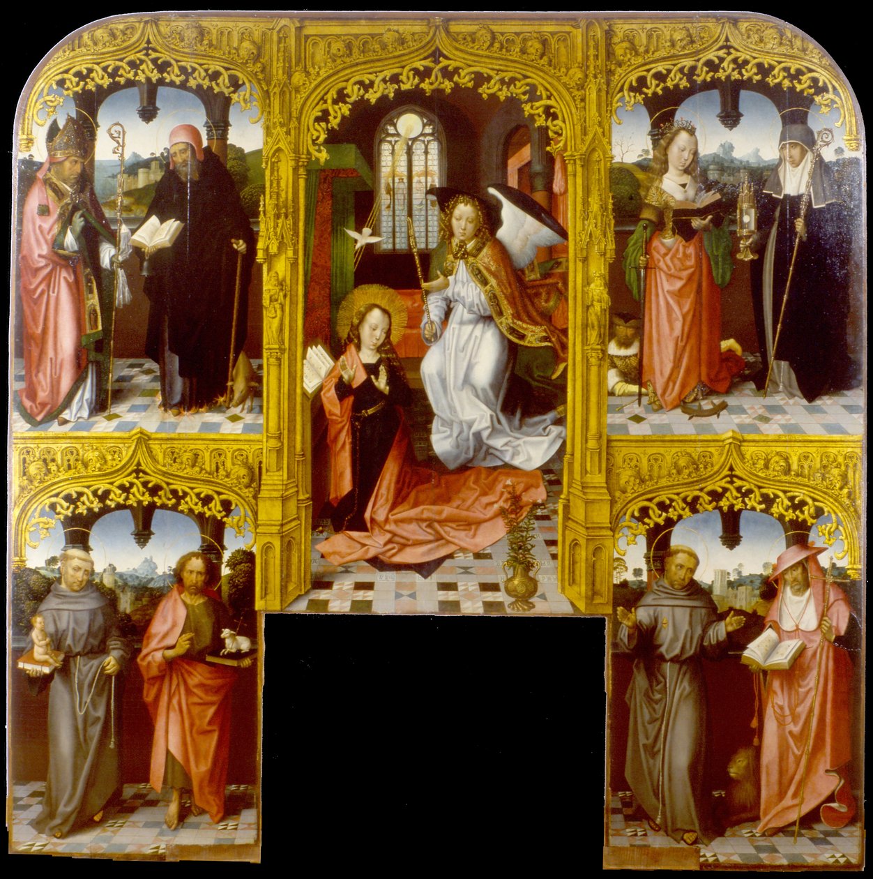 A Anunciação com São Lázaro e Antônio Abade, Catarina de Alexandria e Chiara, Antônio de Pádua e João Batista, Francisco e Jerônimo de Master of Saint John the Evanglist