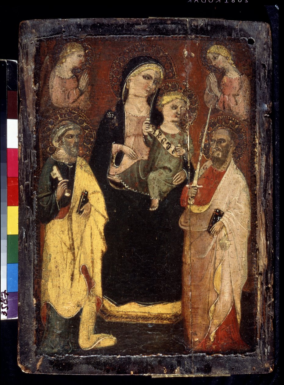 "Madonna and Child enthroned with Saints Peter and Paul" Pintura sobre madeira pelo mestre de San Jacopo a Muciano (século XV) Museu Pushkin, Moscovo de Master of San Jacopo a Mucciana