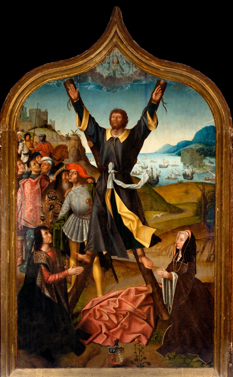 Tryptic: "o martírio de Santo André" Pintura do mestre de São Lourenço. Paróquia de San Lorenzo della Costa, Santa Margherita Ligure (Génova) de Master of San Lorenzo