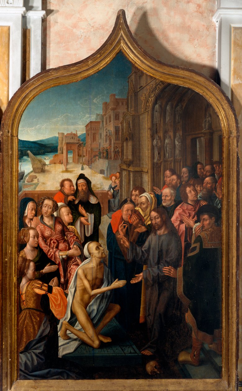 Tryptic: "a ressurreição de Lázaro" Pintura do mestre de San Lorenzo. Paróquia de San Lorenzo della Costa, Santa Margherita Ligure (Génova) de Master of San Lorenzo