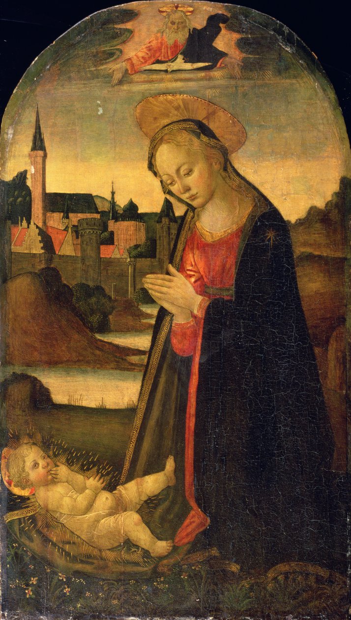 The Madonna Adoring the Child, A Town on a River beyond, c.1478 (óleo sobre painel) de Master of San Miniato