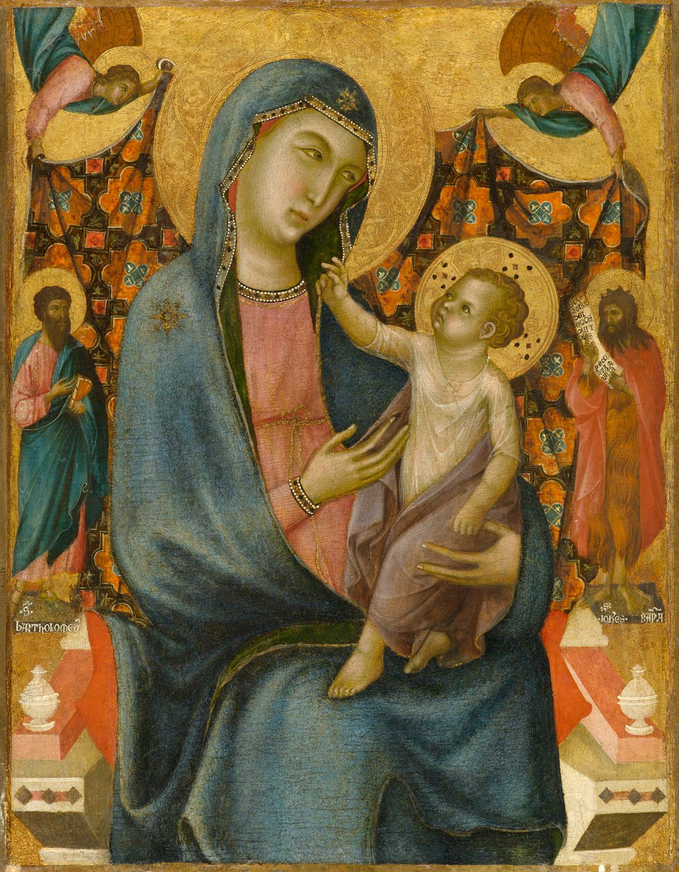 Madonna and Child com São Bartolomeu e São João Batista, por volta de 1320 (tempera e folha de ouro no painel, transferido para tela) de Master of San Torpe