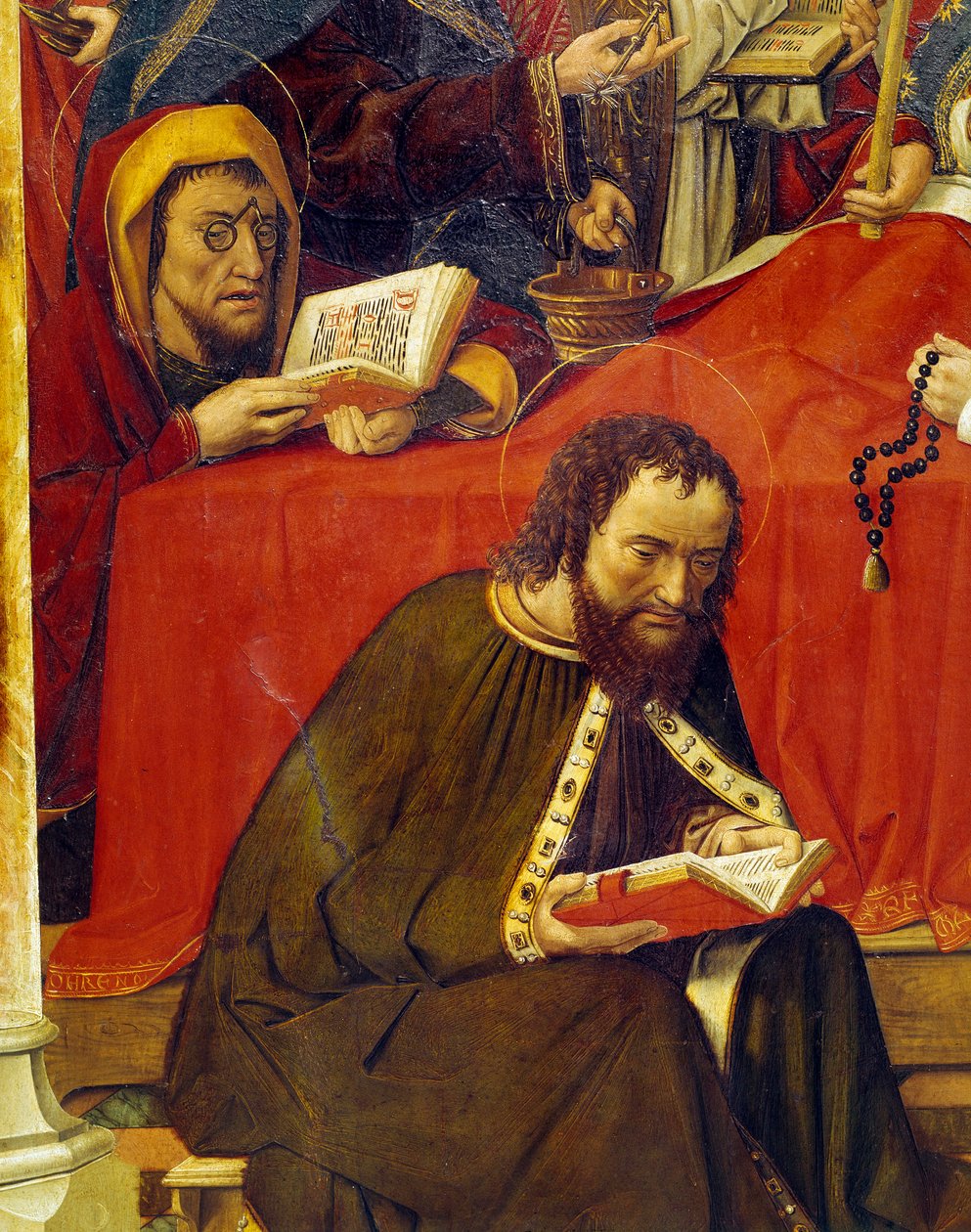 A Morte da Virgem Pormenor descrevendo dois santos lendo orações. Um deles usa óculos, outro, fora do campo, segura um rosário na mão. Pintura do Mestre de Santa Maria del Campo (século XV), Lyon, Museu de Belas Artes de Master of Santa Maria del Campo