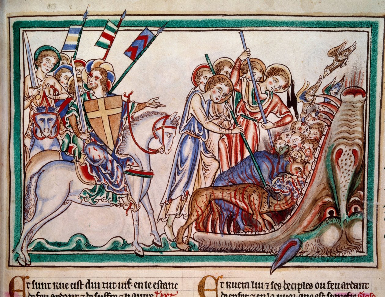O Senhor e a Sua Armee (ost) precipitando a Bete e os Seus adoradores no Inferno. Minatura do manuscrito "Apocalypse historiee", Folio 38. 1250. Iluminação do Mestre de Sarum. Paris, NL de Master of Sarum