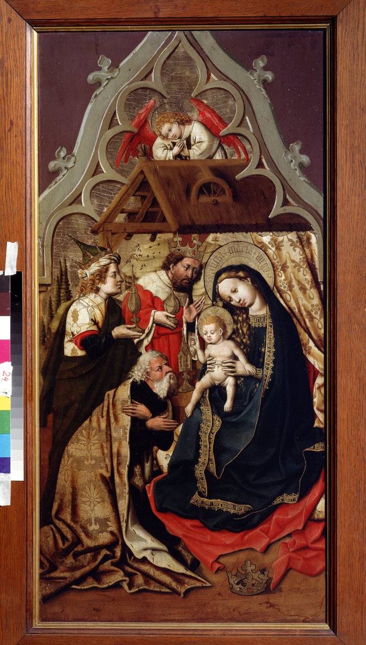 A Adoração dos Magos. A Adoração dos Magos. Pintura pelo Mestre do Castelo de Lichtenstein, pintor austríaco (activo 1430-1450), ca. 1440. Óleo sobre madeira. Pushkin Museum of Fine Arts, Moscovo de Master of Schloss Lichtenstein