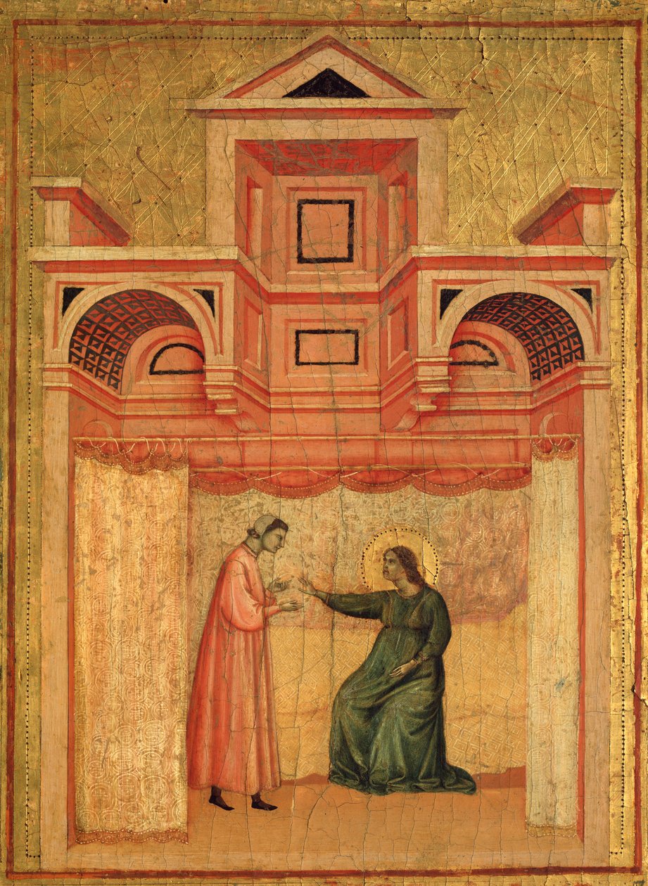 Santa Cecília e a história da sua vida Detalhe: Santa Cecília persuadindo seu marido Valerianus a batizar - retábulo, c.1290-1320 de Master of St. Cecilia