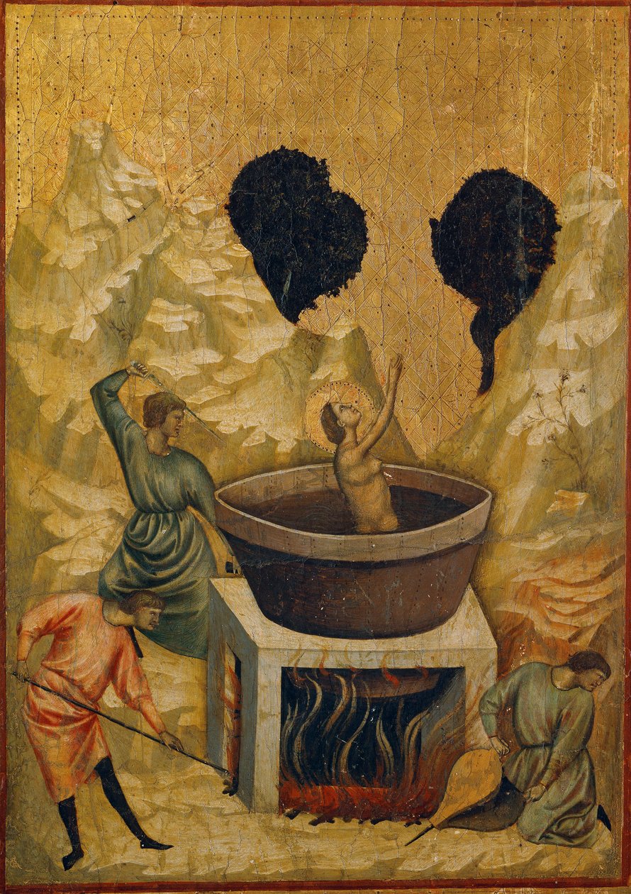 O martírio de Santa Cécile, mergulhado num banho de água fervente (tempera sobre madeira, finais do século XIII e início do século XIV) de Master of St. Cecilia
