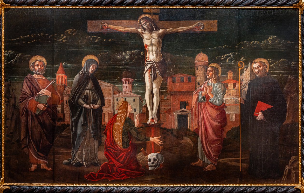 Cristo crucificado entre São Pedro, a Virgem, Maria Madalena, São João o apóstolo e São Bento de Master of St. Peter in Vicenza