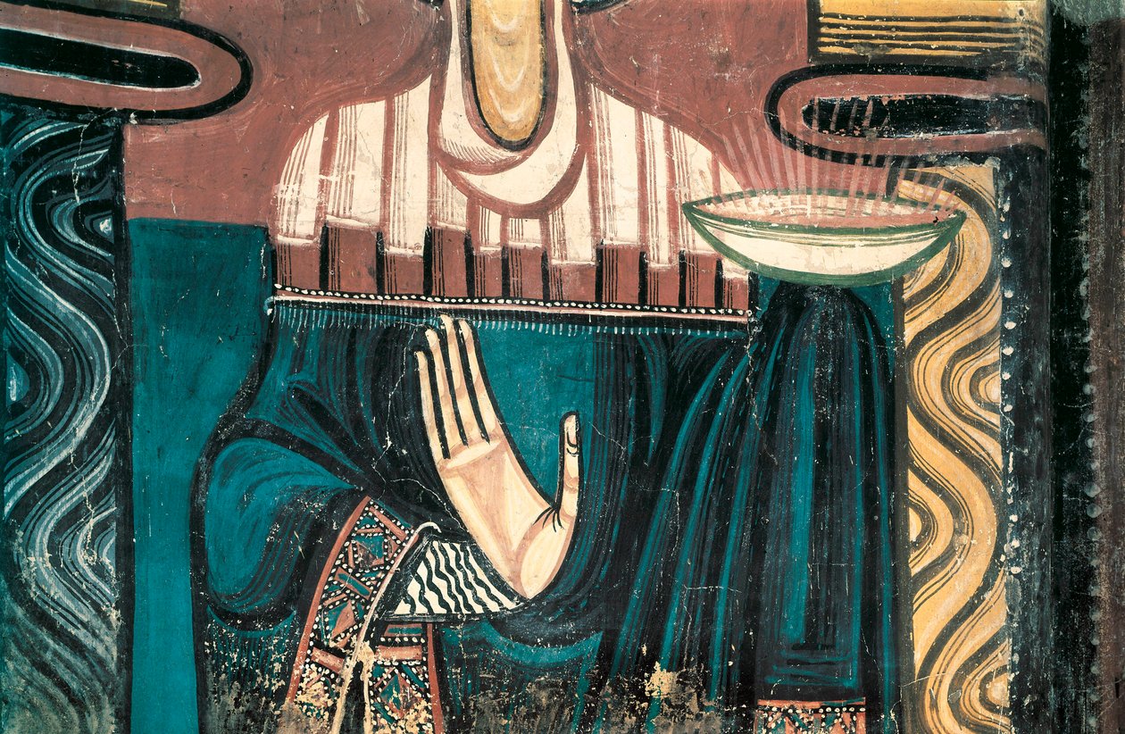 A Virgem. Detalhe. Fresco do Mestre de Saint Clement de Taull. 1123 aprox. da abside da Igreja de São Clemente de Taull (Sant Climent in Taull). Museu Nacional de Arte da Catalunha, Barcelona. de Master of Tahull
