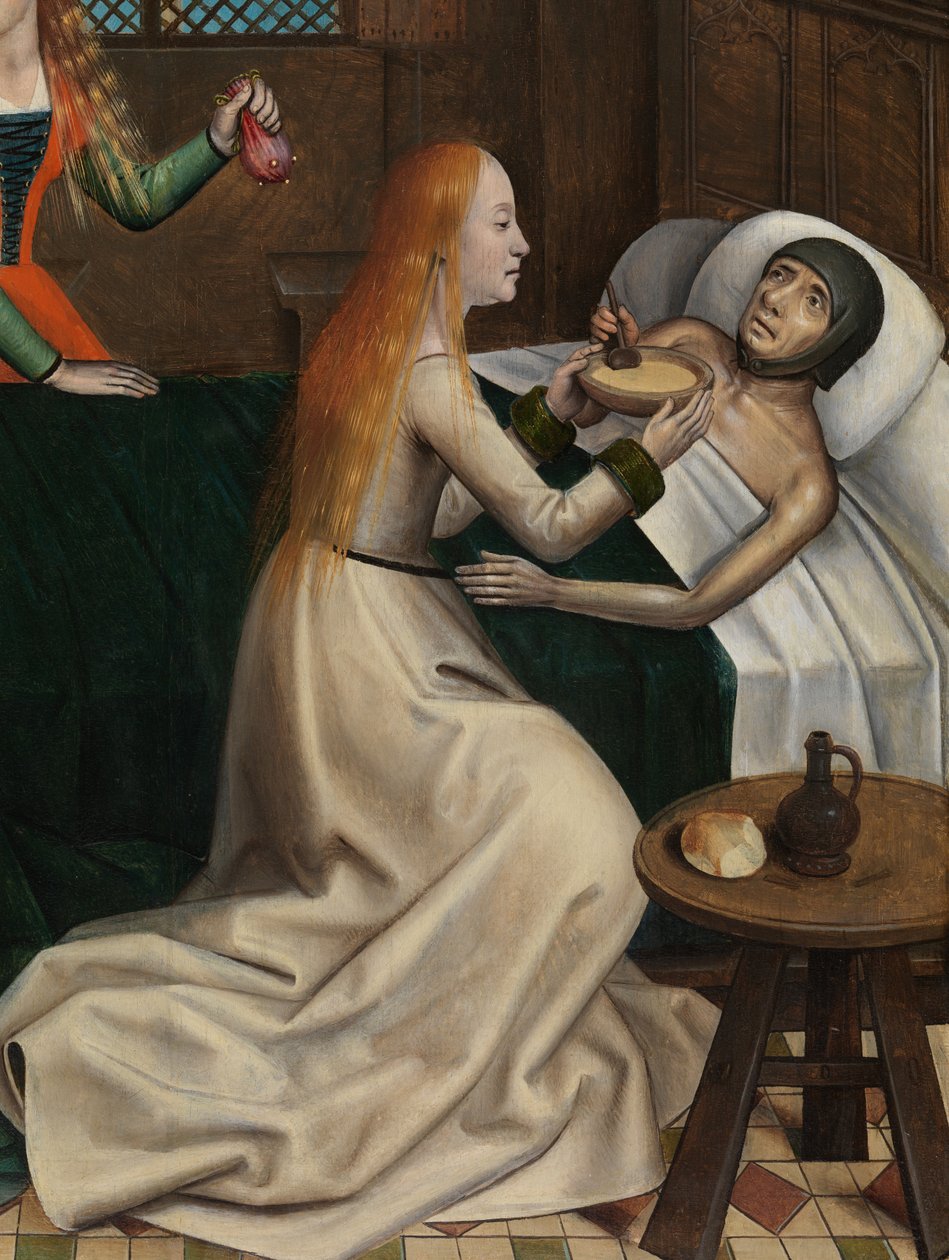 Detalhe da Caridade de São Nicolau, do Altar de São Nicolau, c.1486-93 (óleo sobre painel) de Master of The Legend of St. Lucy