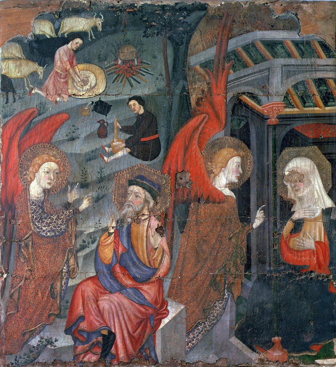 A Anunciação com Pastores Fazendo Queijo ao Fundo, de um retábulo dedicado à Virgem, de Tora, Segarra, Lleida (tempera no painel) de Master of Tora