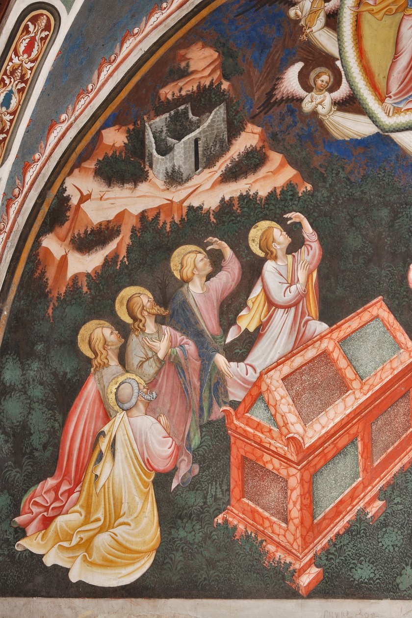 "Assunção da Virgem" e "a Virgem Maria deixando cair a cinta ou cinto sagrado a São Tomás", Detalhe dos apóstolos, c.1420 (fresco) de Master of Vignola