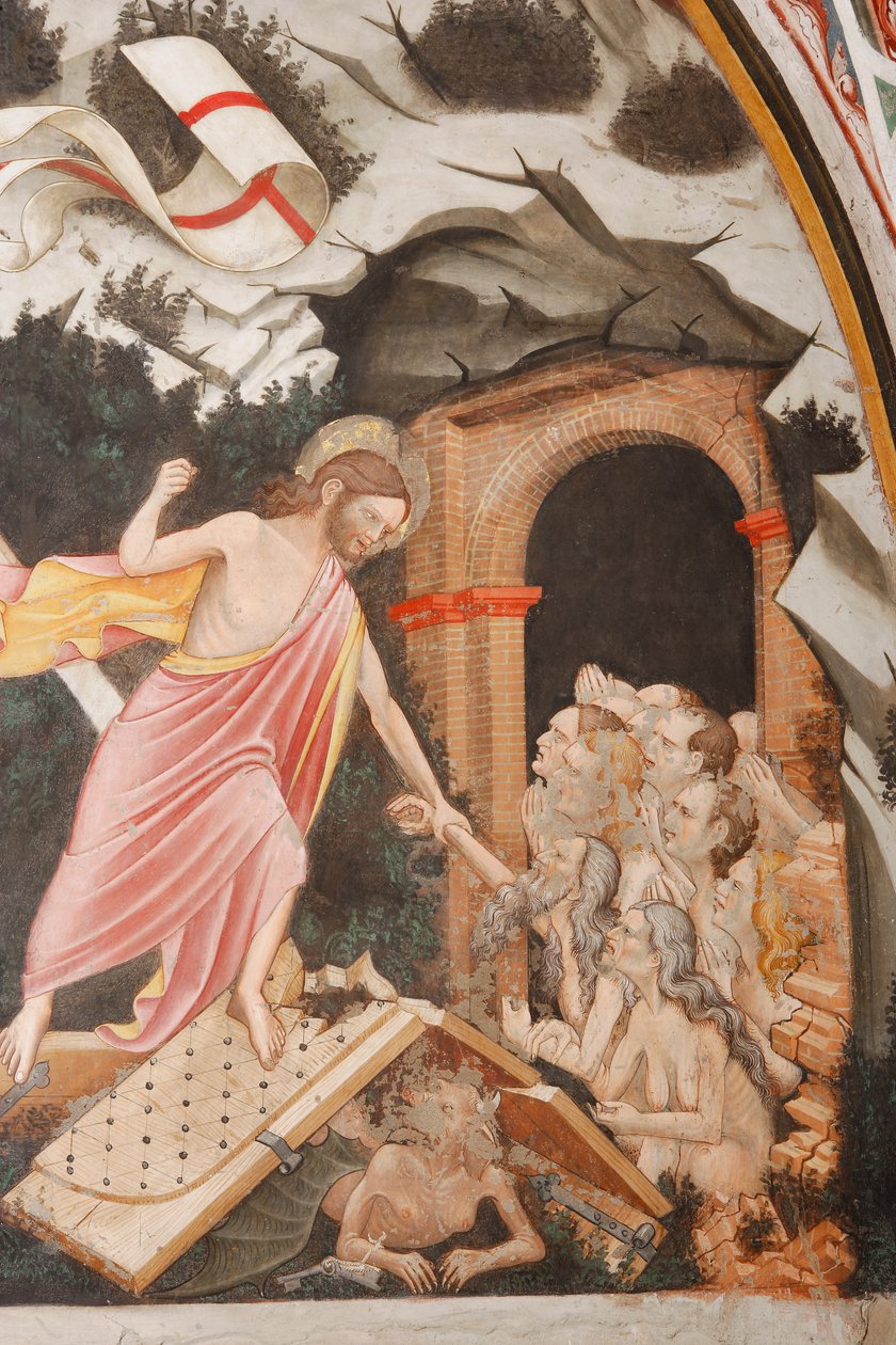 "Ressurreição" e "Descida ao Limbo", Detalhe da "Descida ao Limbo": Jesus toma a mão de Adão. Aos pés de Cristo, as portas do Inferno e a figura do Diabo no chão, c.1420 (fresco) de Master of Vignola