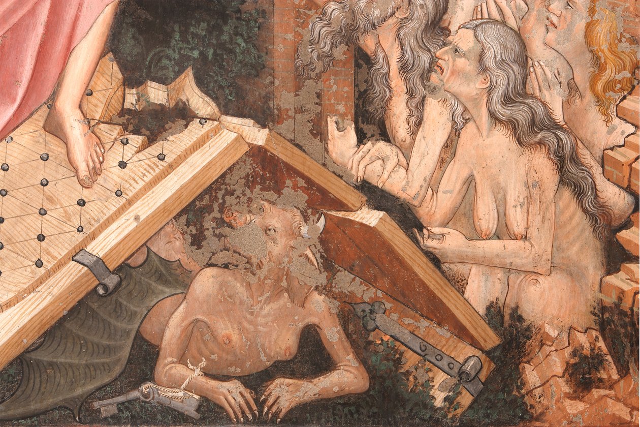 "Ressurreição" e "Descida ao Limbo", Detalhe da "Descida ao Limbo": as portas do Inferno e a figura do Diabo no chão, c.1420 (fresco) de Master of Vignola