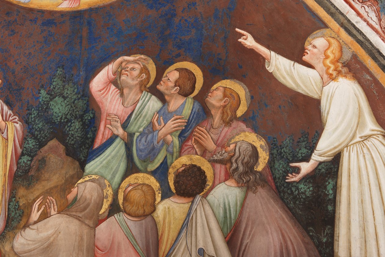 "A Ascensão de Cristo", Detalhe com figuras masculinas e santos, c.1420 (fresco) de Master of Vignola