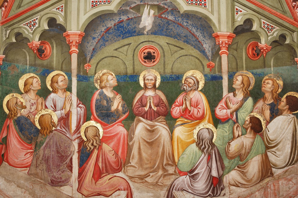 "O Pentecostes", Detalhe com os santos orantes e a Virgem Maria, e a pomba, c.1420 (fresco) de Master of Vignola
