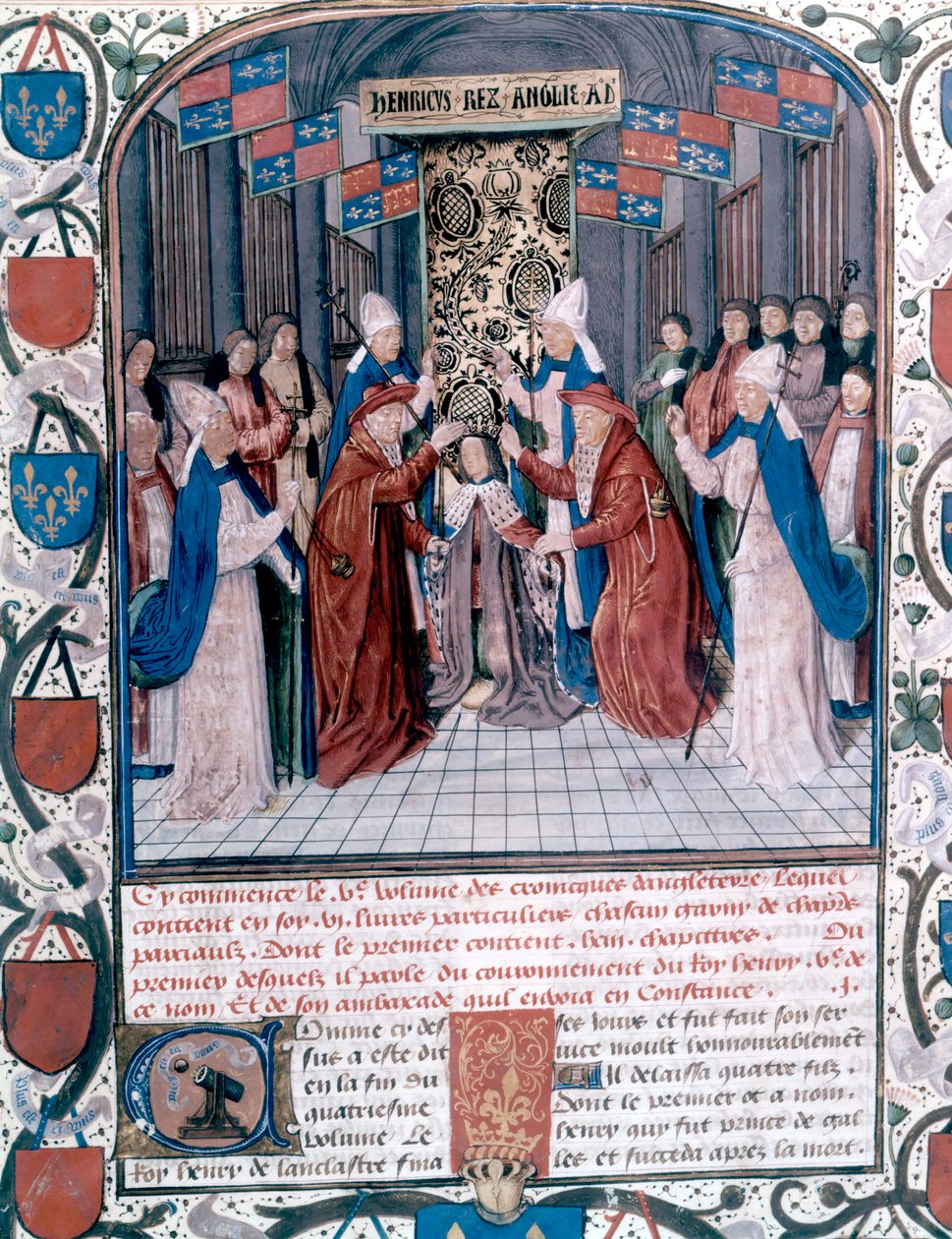 Coroação de Henrique V da Inglaterra, ilustração de "Chronicles of England" de Jean de Wavrin (vellum) de Master of Wavrin