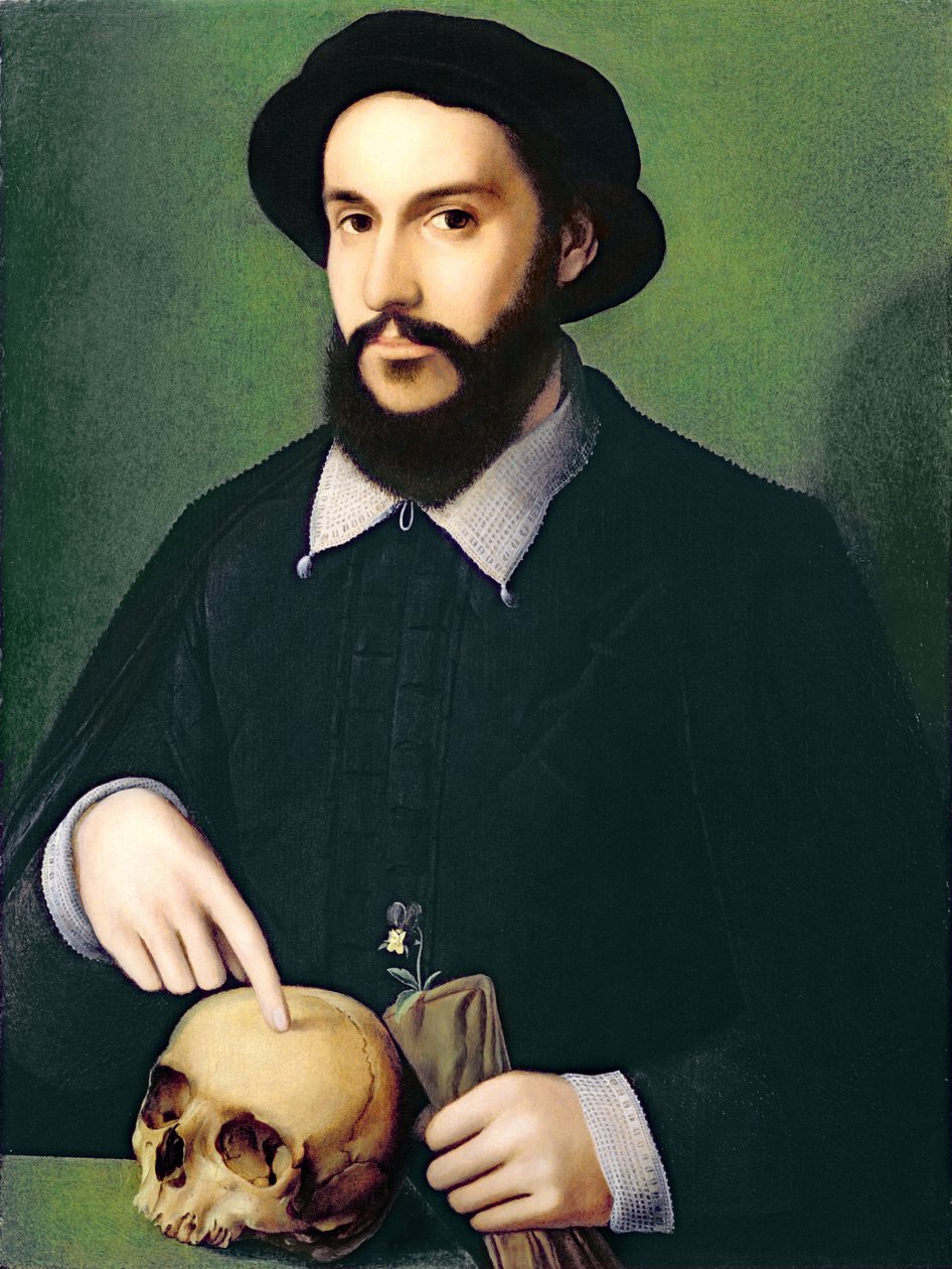 Retrato de um cavalheiro com a mão direita apontando para um crânio, c.1540 de Master of the 1540s