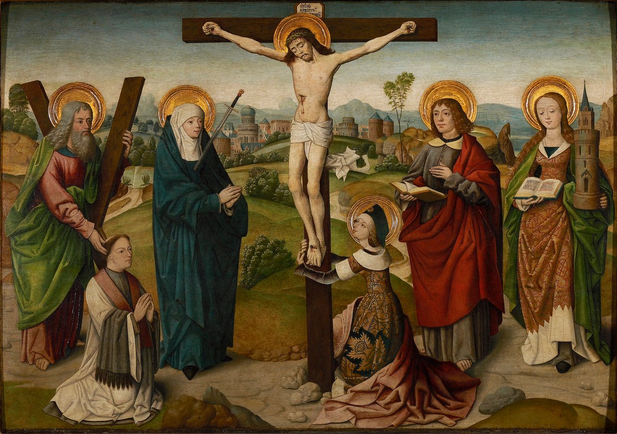 A crucificação com santos e doadores, c.1490-1495. de Master of the Aachen Cabinet Doors