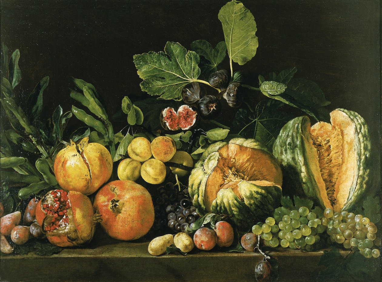 Romãs, melões, uvas, pêssegos, figos e outras frutas em uma borda de pedra de Master of the Acquavella Still Life
