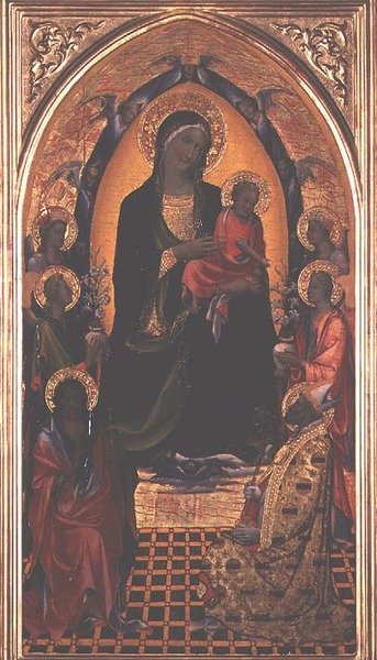 Madonna e Criança com São João Baptista e São Nicolau de Myra (tempera no painel) de Master of the Bambino Vispo