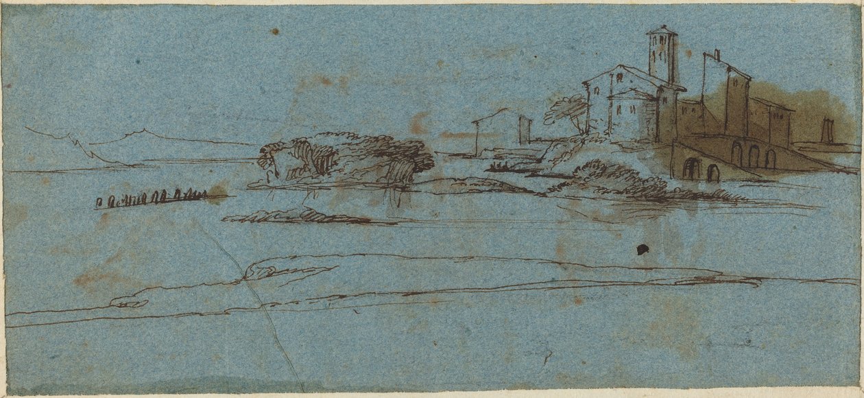 Edifícios na margem do rio [verso] de Master of the Blue Landscapes