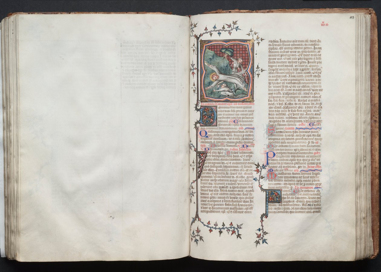 O Missal Gotha: Fol. 103r, St. Andrew Being Tied to the Cross, c. 1375. de Master of the Boqueteaux