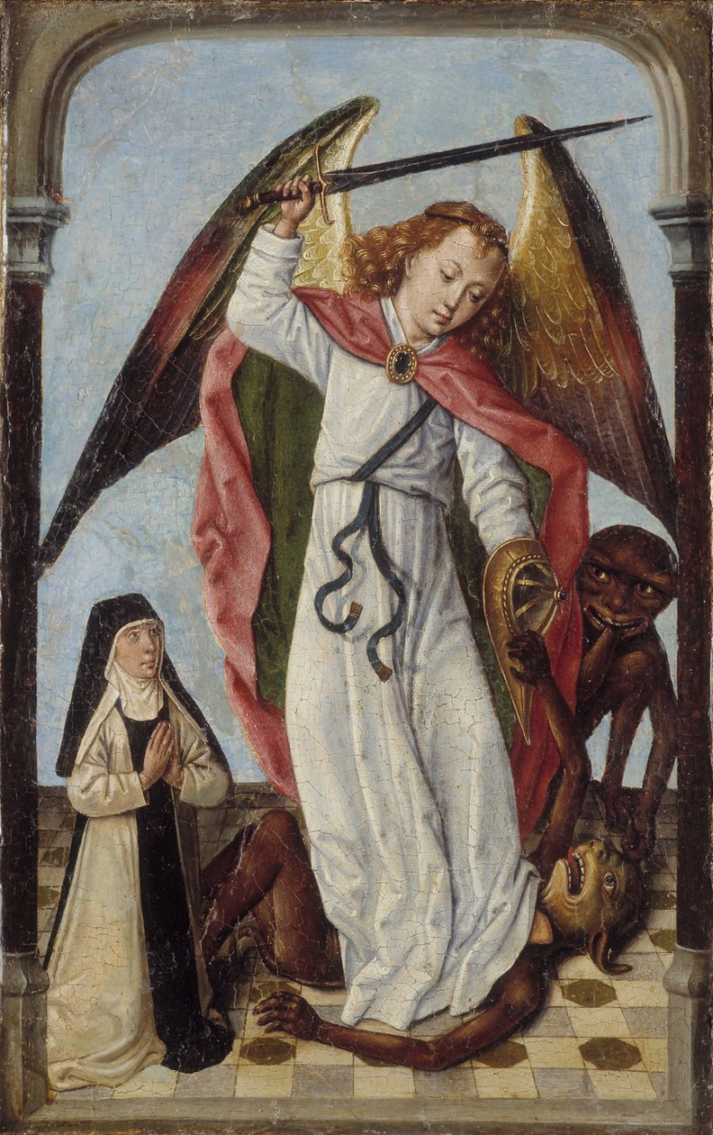 São Miguel a combater os demónios na presença de uma freira de Master of the Bruges Legend of St. Ursula