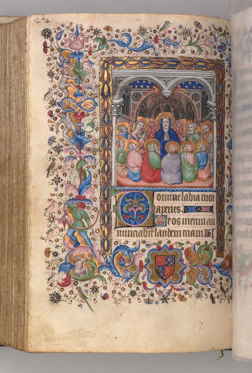 Horas de Carlos Nobre, rei de Navarra 1361-1425: fol. 137v, Pentecostes, c. 1405 de Master of the Brussels Initials and Associates