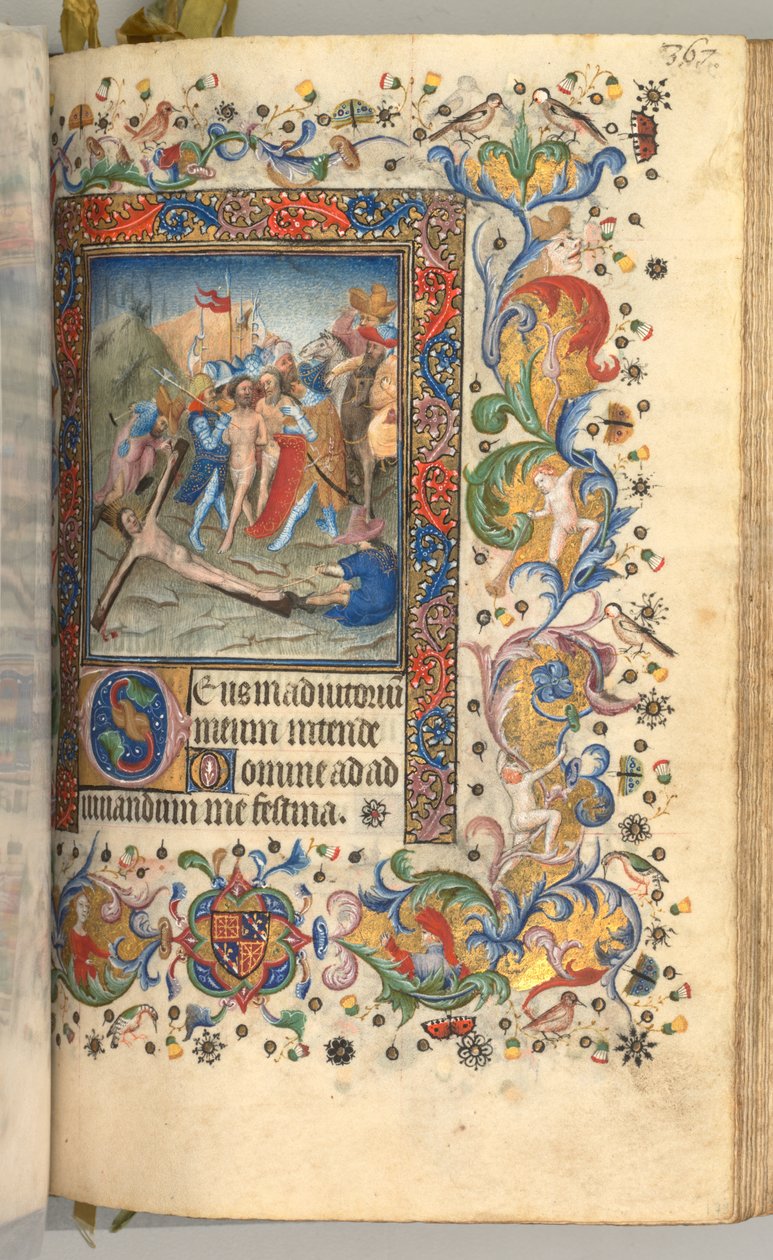 Horas de Carlos Nobre, rei de Navarra 1361-1425: fol. 179r, Cristo pregado na cruz, c. 1 de Master of the Brussels Initials and Associates