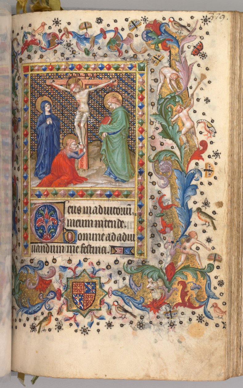 Horas de Carlos Nobre, rei de Navarra 1361-1425: fol. 185r, Crucificação, c. 1405 de Master of the Brussels Initials and Associates