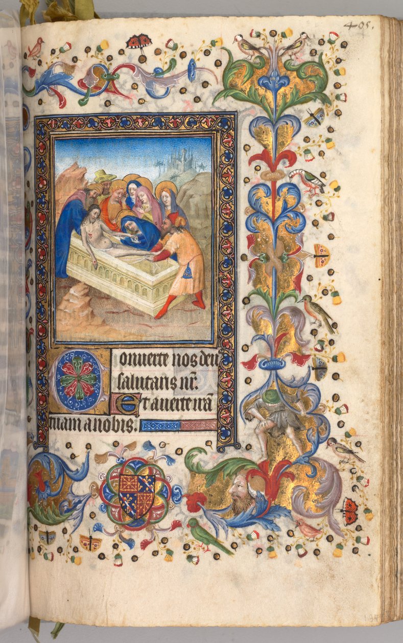 Horas de Carlos Nobre, rei de Navarra 1361-1425: fol. 197r, Enterro de Cristo, c. 1405 de Master of the Brussels Initials and Associates