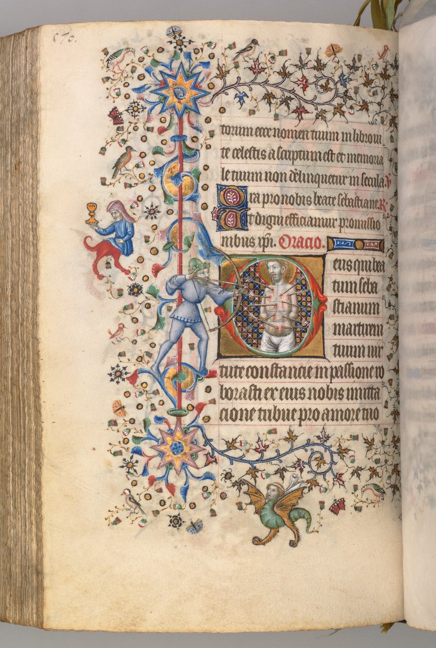Horas de Carlos Nobre, rei de Navarra 1361-1425, fol. 279v, São Sebastião, c. 1405 de Master of the Brussels Initials and Associates