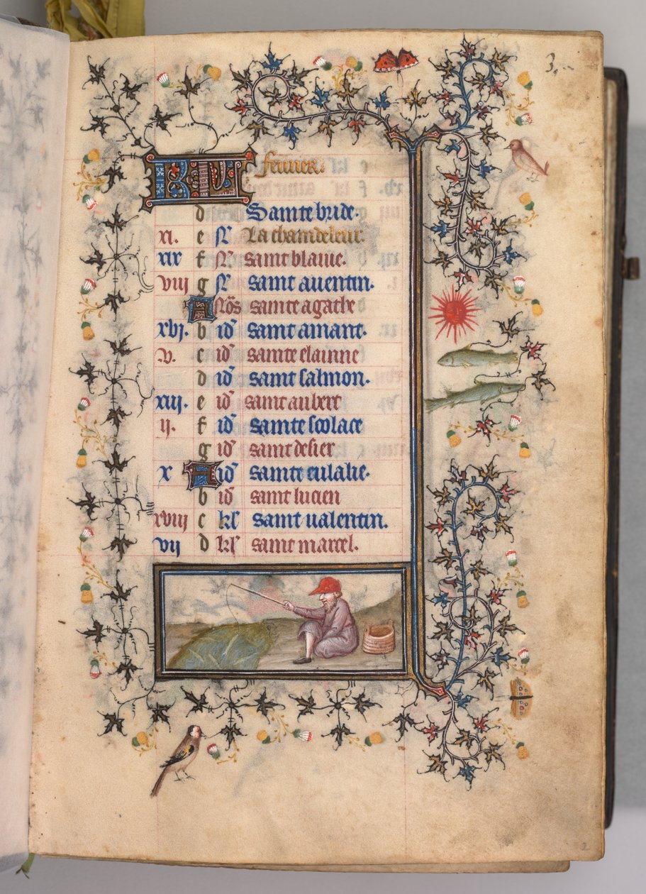 Horas de Carlos Nobre, rei de Navarra 1361-1425: fol. 2r, fevereiro, c. 1405 de Master of the Brussels Initials and Associates