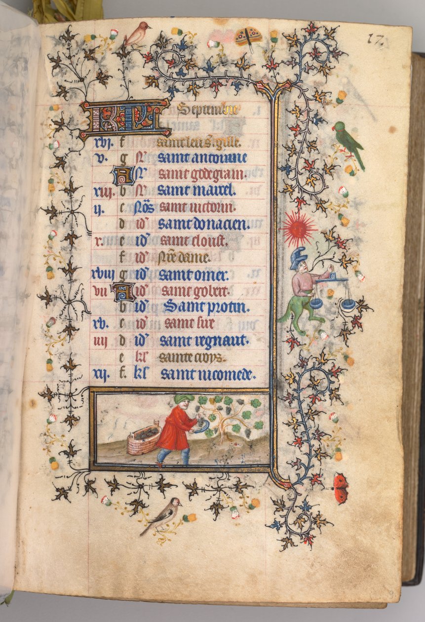 Horas de Carlos Nobre, rei de Navarra 1361-1425: fol. 9 de setembro, c. 1405 de Master of the Brussels Initials and Associates