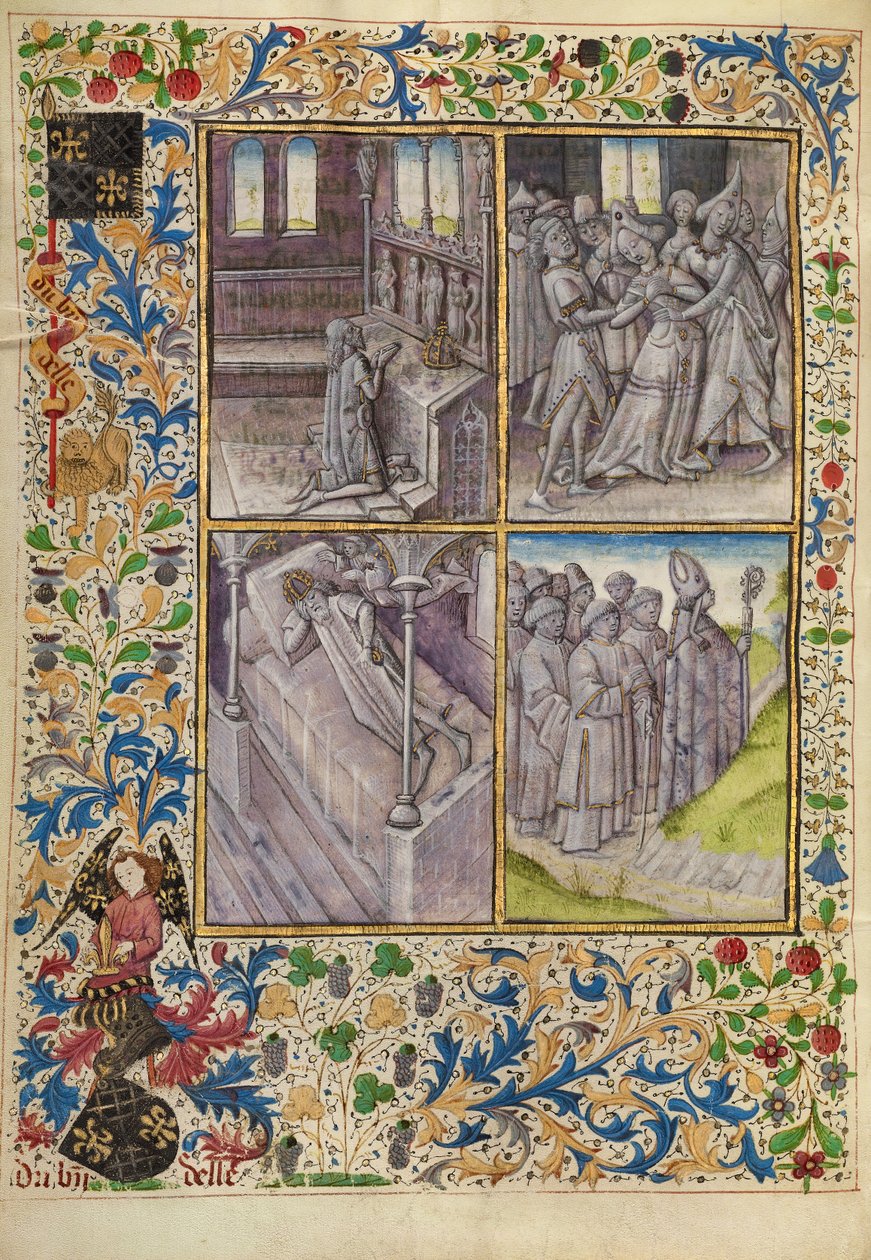 O imperador Constantino reza numa igreja; Sofia é atormentada por espíritos malignos; através de um sonho, Deus ordena a Constantino que encontre os restos mortais de António; o bispo Teófilo parte para o Egito de Master of the Brussels Romuléon
