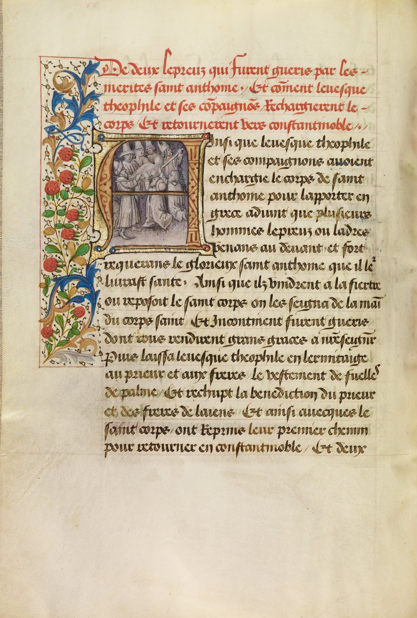 Inicial A: O corpo de Santo António transportado para Constantinopla e a cura de dois leprosos que tocaram no corpo do santo de Master of the Brussels Romuléon