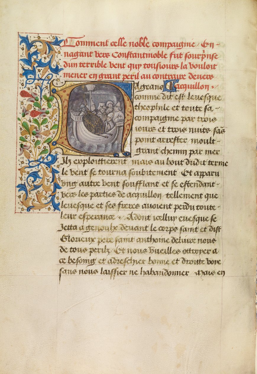 Inicial N: O navio do bispo Teófilo sai da rota e o bispo Teófilo reza de Master of the Brussels Romuléon