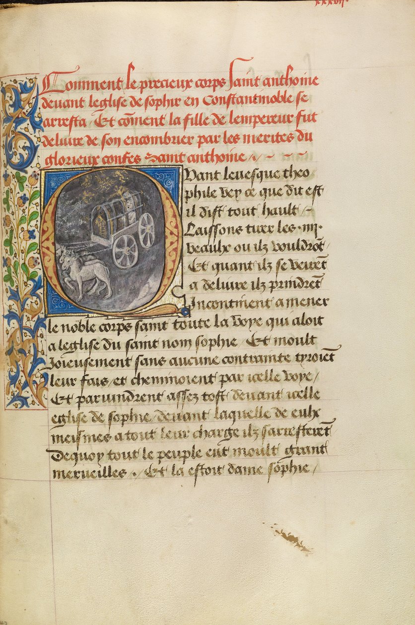 Inicial Q: O relicário de Santo António à chegada à Igreja de Constantinopla e A cura da filha do imperador de Master of the Brussels Romuléon