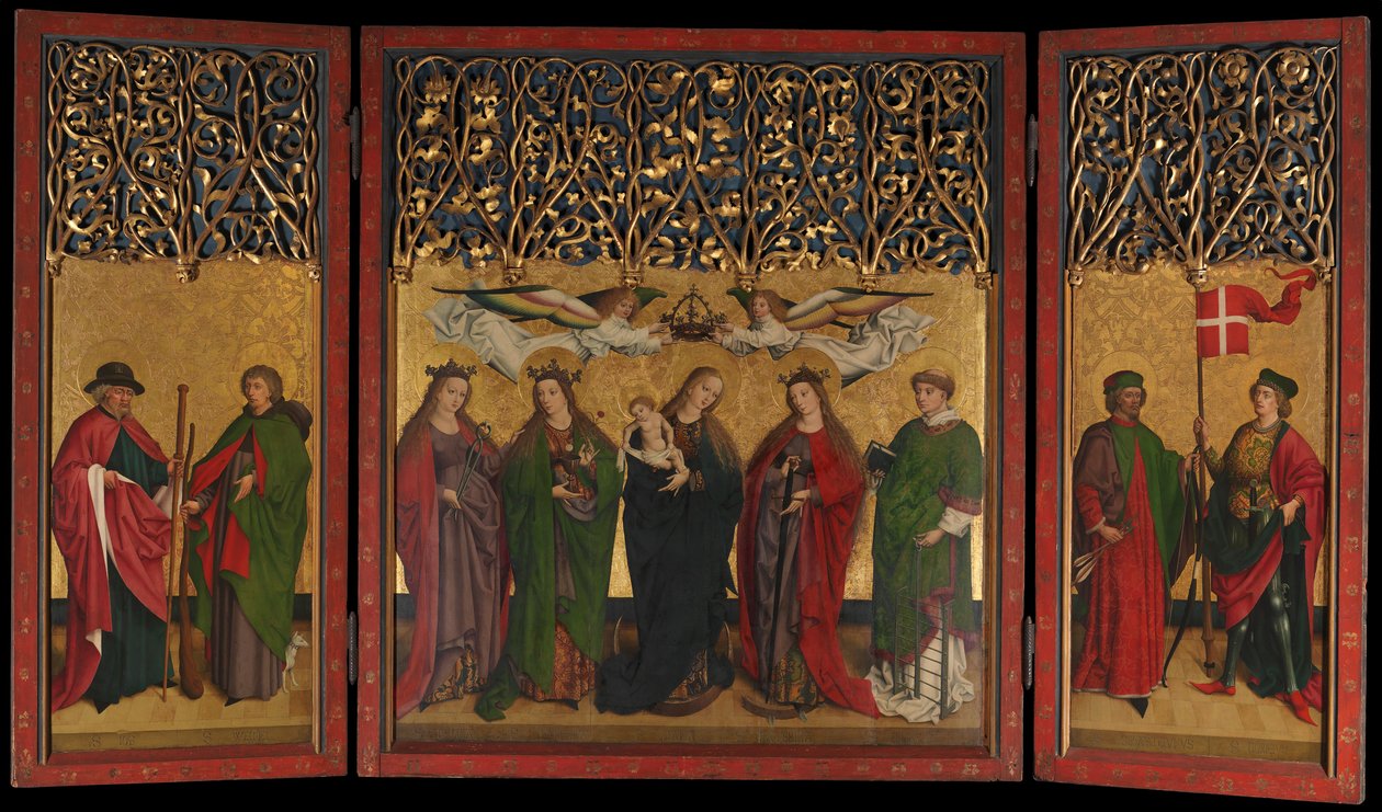 O Tríptico do Altar de Burg Weiler com a Virgem e a Criança e os Santos, ca. 1470. de Master of the Burg Weiler Altar