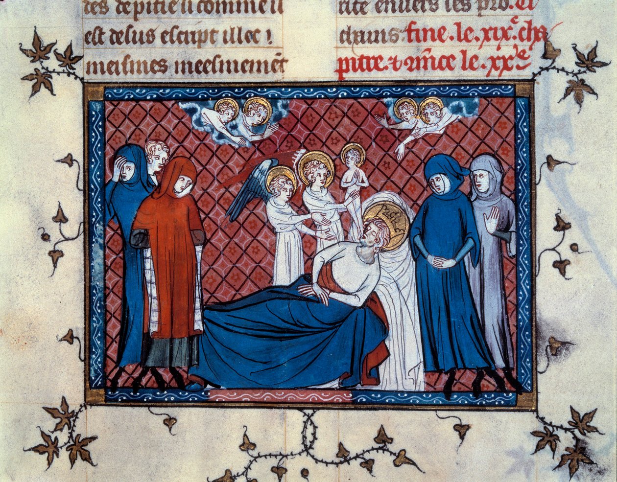 Morte de São Luís em Tunis em 25 de Agosto de 1270. miniatura do manuscrito "Vida e Milagres de São Luís" (Página 277), iluminado por Mahiet e escrito por Guilherme de São Pedro de Master of the Cambrai Missal Mahiet