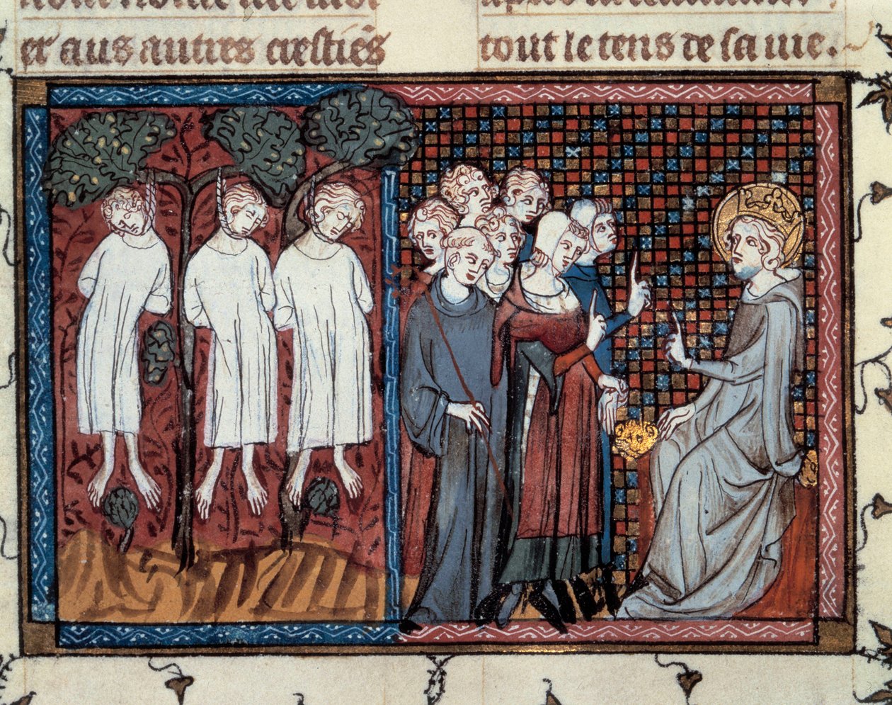 Execuções ordenadas por Enguerrand IV de Coucy. Luís IX a fazer justiça. Miniatura de Mahiet em "Vida e milagres de São Luís", manuscrito de Guillaume De Saint Pathus. de Master of the Cambrai Missal Mahiet