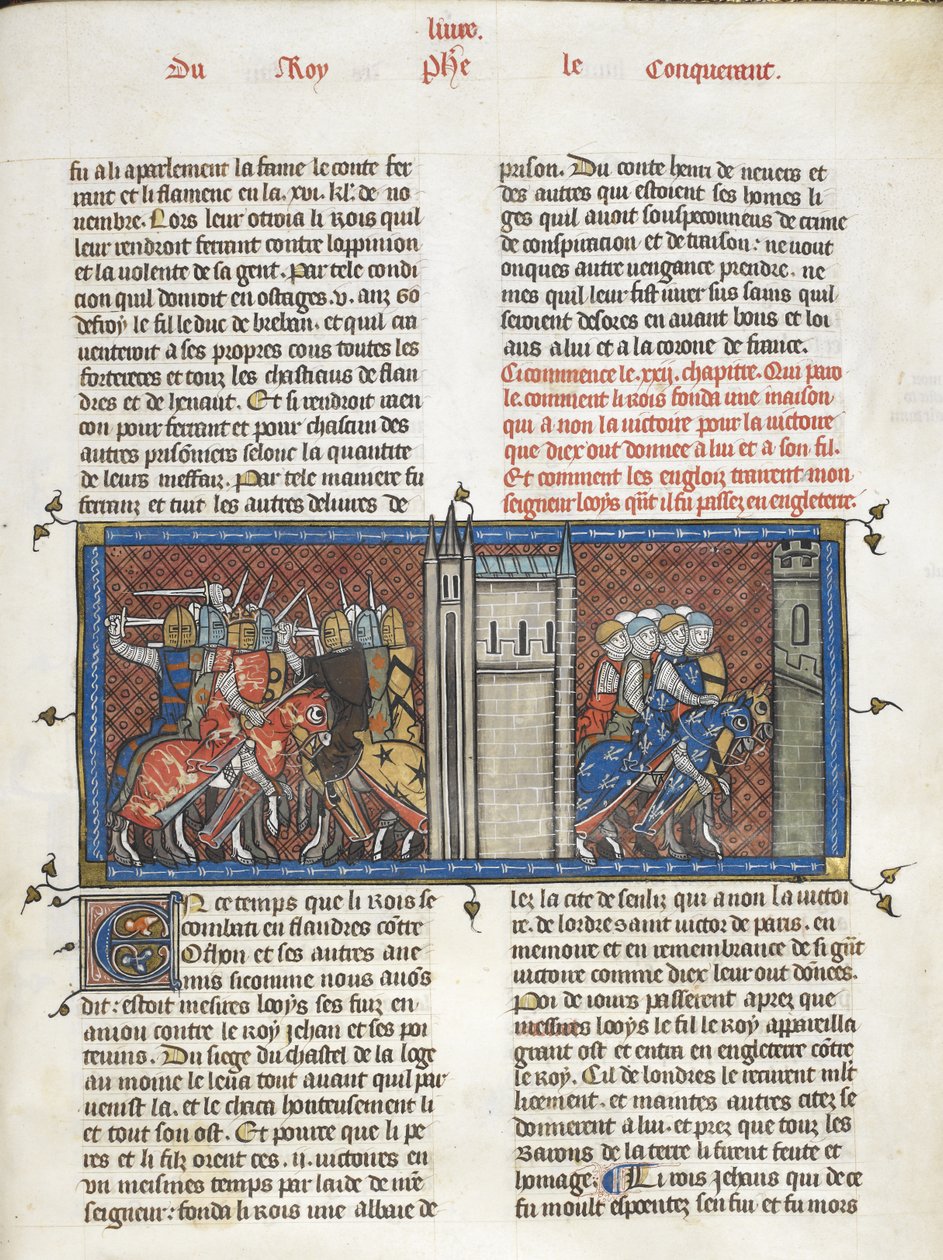Royal 16 G. VI f.385 Uma batalha com João, rei de Inglaterra, e Luís VIII em marcha, de 