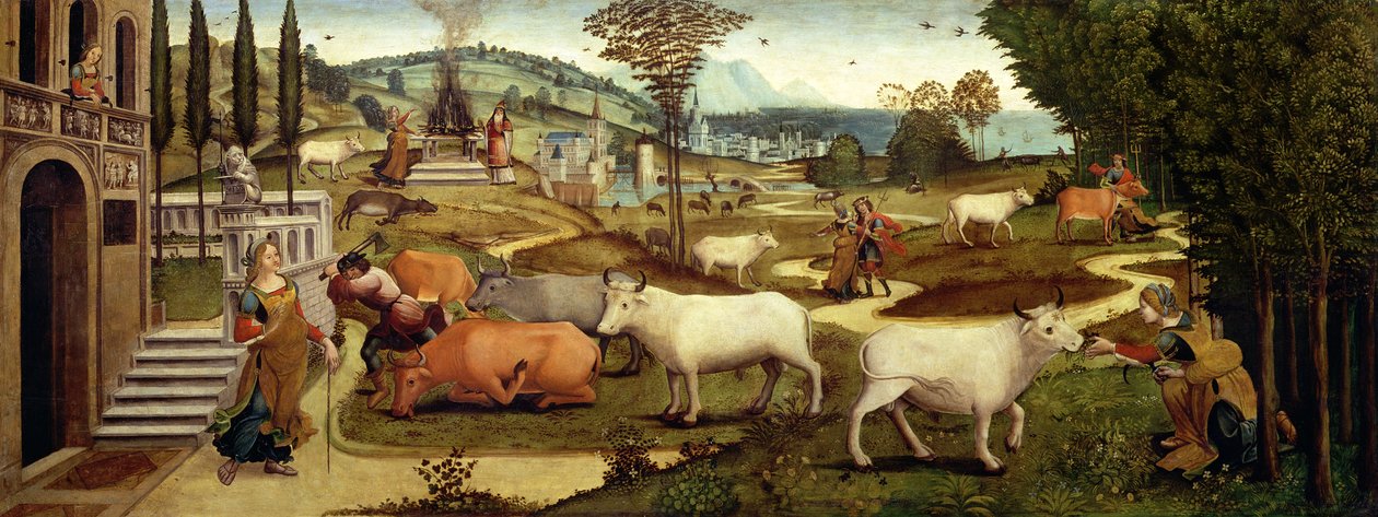 As Paixões de Pasiphae, esposa do Rei Minos de Creta, da História de Teseu (óleo sobre painel) de Master of the Campana Cassoni