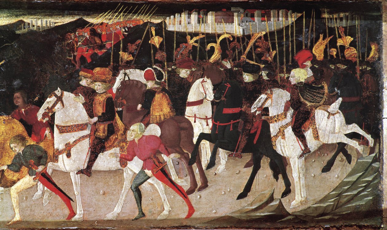 Decameron de Boccaccio (Jean Boccaccio): história de Alatiel, filha do sultão da Babilónia Beminedab, detalhe representando cavaleiros e páginas (História de Alatiel filha de Beminedab, o sultão da Babilónia, cavaleiros e páginas) (7ª notícia do segundo di de Master of the Cassoni
